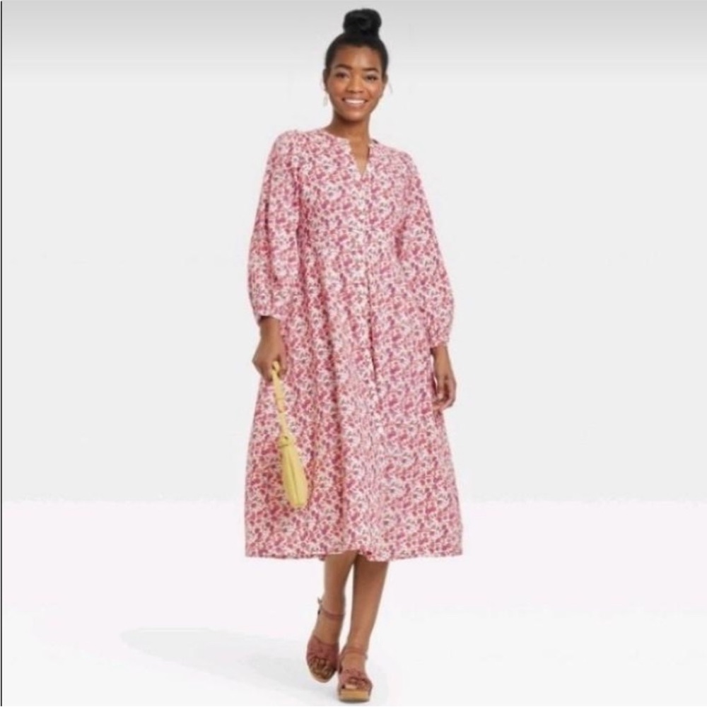 Women's Balloon Long Sleeve Button-Front Dress - Universal Thread Pink Floral
